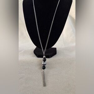 Silver-Tone Black Bead Tassel Pendant Necklace